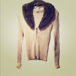 WHBM Silk-Blend Sweater with Faux Fur Trim